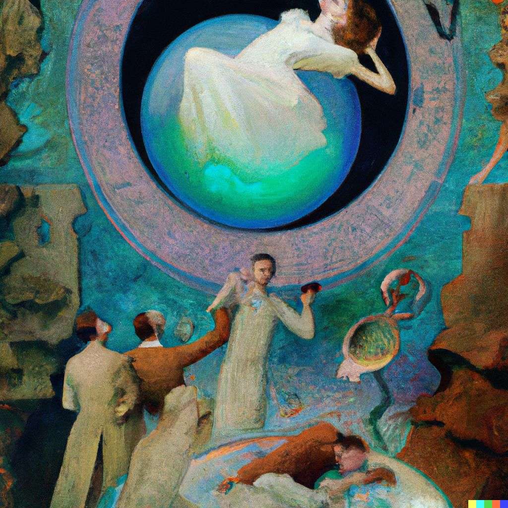 the discovery of gravity, painting by Alphonse Mucha